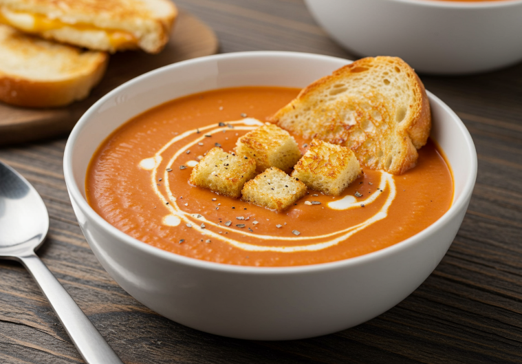 Creamy Tomato Soup with Grilled Cheese Croutons - Easy Dinner