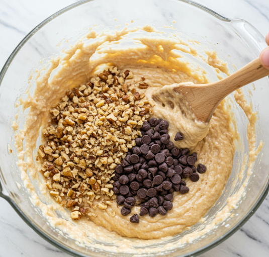 walnuts and chocolate chips being folded into the batter