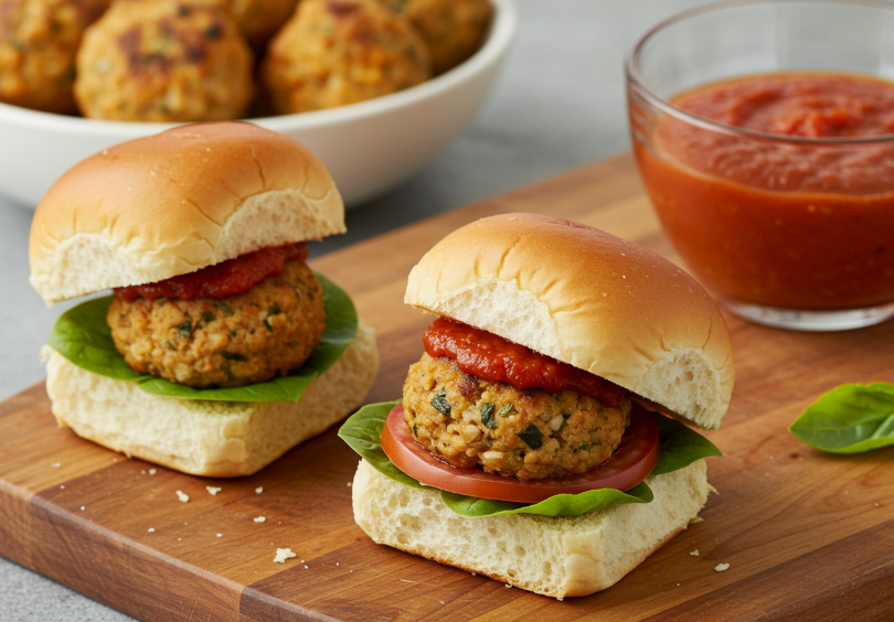 image of tasty mini chicken meatball sliders wrapped in buns